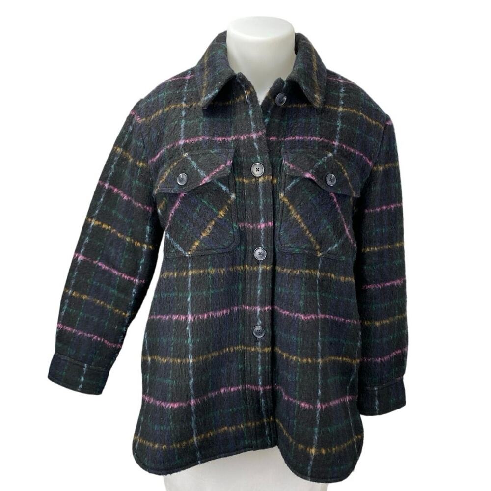 LOFT Women's Black Wool Plaid Checkered Long Sleeve Button Down Shirt Jacket XL